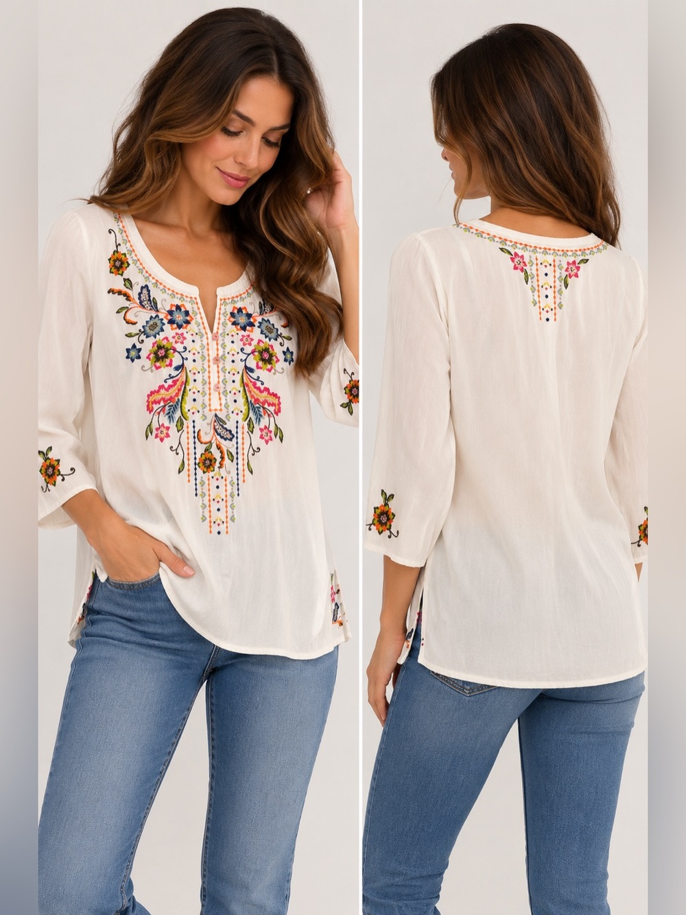 J.Jill Petite Embroidered Boho Floral Tunic Top Ivory Size M Petite